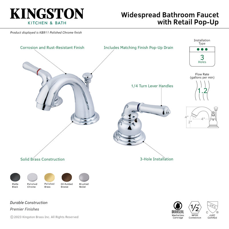 Kingston Brass Magellan Two-Handle 3-Hole Deck Mount Widespread Bathroom Faucet with Retail Pop-Up Drain, Polished Brass