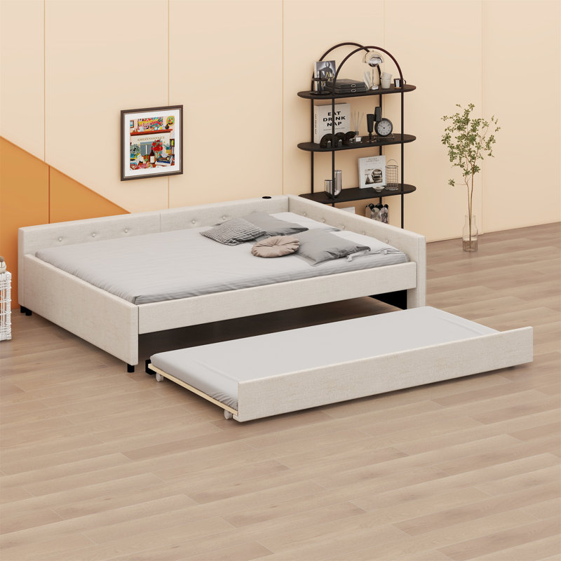 Upholstered Platform Bed With USB And Trundle Bed, Queen