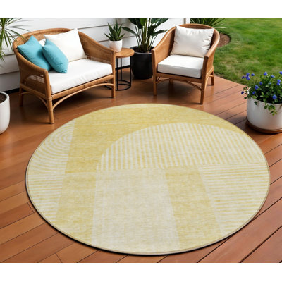 Tapis extérieur rond lavable à motif géométrique ivoire et jaune 8 pi