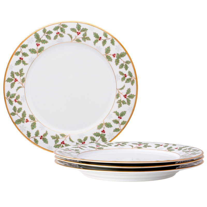 Ensemble de 4 grandes assiettes Noritake Holly & Berry Gold, 10 1/2 po