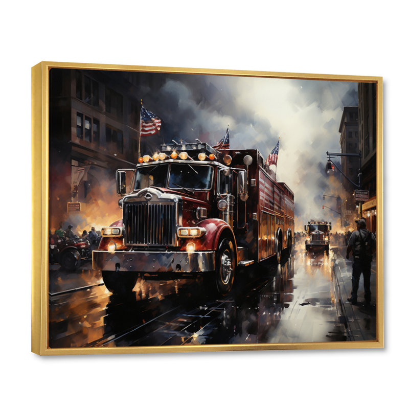 Fire Truck I, reproduction d'art sur toile, H 16 po x l 32 po x P 1 po, Cadre flottant doré