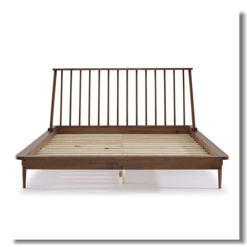 Structure de lit plateforme en bois massif de style Mid-Century avec tête de lit à broche