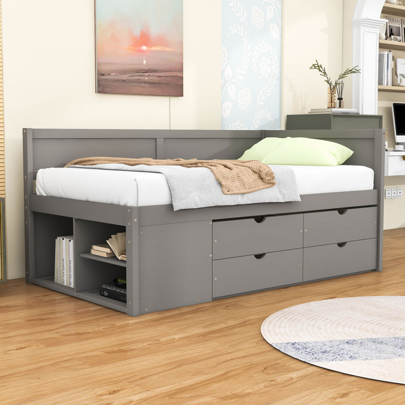 Wood Daybed with Pull-Out Drawers and Shelves, Gray, Twin