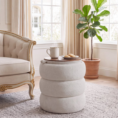 16" Round Upholstered Storage Ottoman with Wooden Tray