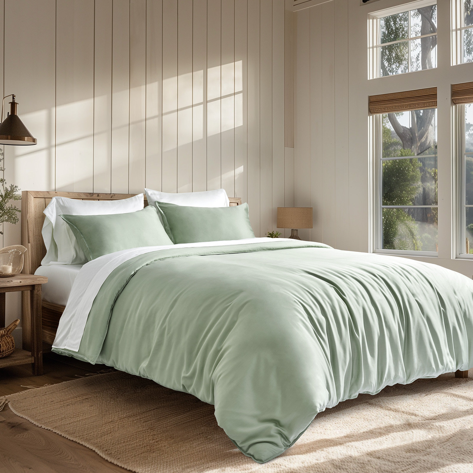 Tencel Lyocell Cooling Duvet Cover Set, Sage Tea Green, Queen Duvet Cover + 2 Queen Shams