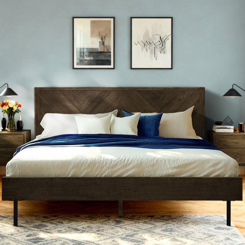  Structure de lit en bois massif avec tête de lit, lit plateforme d'une capacité de 800 lb, compatible avec tous les types de matelas, signature scandinave, aucun sommier tapissier requis
