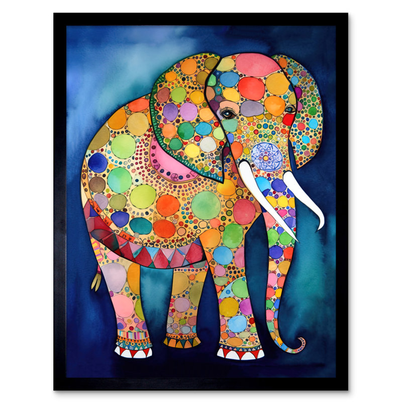 Elephant With Patterns Folk Art Watercolour Painting Artwork Framed Wall Art Print 9X7 Inch