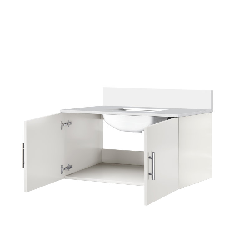 Meuble-lavabo simple 24 po avec plateau Geneva, Blanc lustré, Quartz blanc