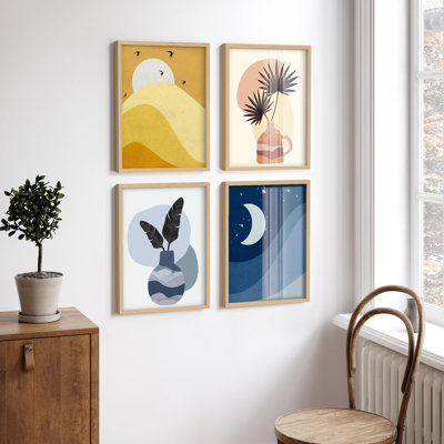 "Oiseaux dans le désert, feuilles de palmier, lune, illustrations abstraites, décor moderne", 4 pièces