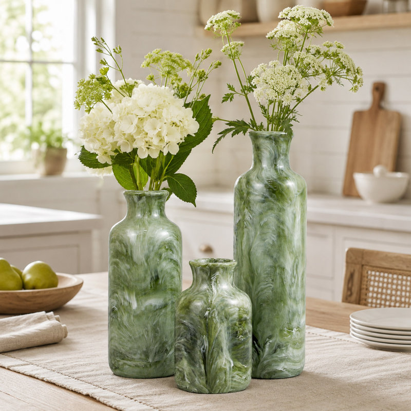Ensemble de 3 vases en résine vert pour centre de table, étagère, salon, chambre à coucher, cuisine, décor de bureau, Green