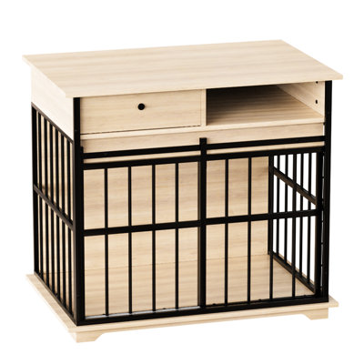 Grande cage pour chien, rangement fonctionnel, utilisation à l'extérieur, dimensions du produit, métal, amovible, assemblage facile, base en bois massif, cage en placage vieilli, deux compartiments, chiens, couleur bois noir, fabrication,