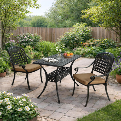 Vivijason 3 Piece Outdoor Dining Set, Cast Aluminum Patio Bistro Set With 41.98" X 23.98" Rectangular Table & 2 Cushioned Chairs, Rust Proof & Weather Resistant For Small Balcony, Porch, Garden, Deck