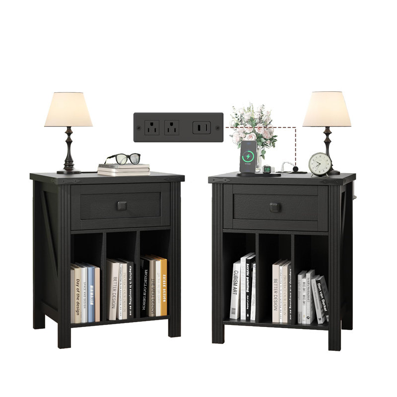 Night Stand Set 2 With Charging Station, Black, Set of 2
