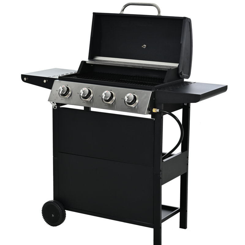 Barbecue au propane à 4 brûleurs, en acier inoxydable 34 000, avec couvercle, deux tablettes et roulettes transportables pour la terrasse