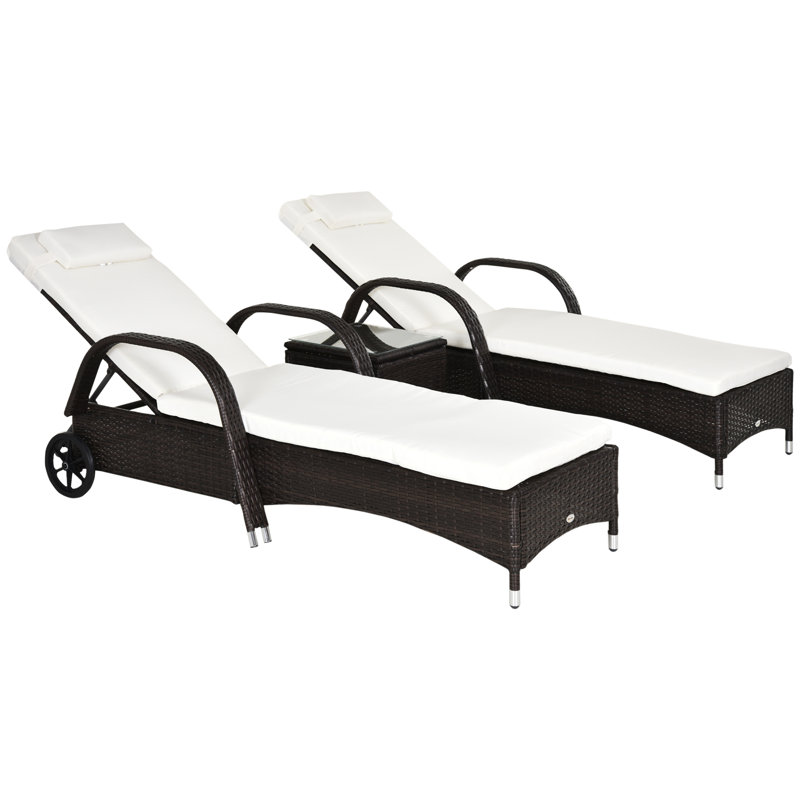 Ensemble de 3 chaises de patio en osier avec coussins rembourrés, noir et crème, Brun