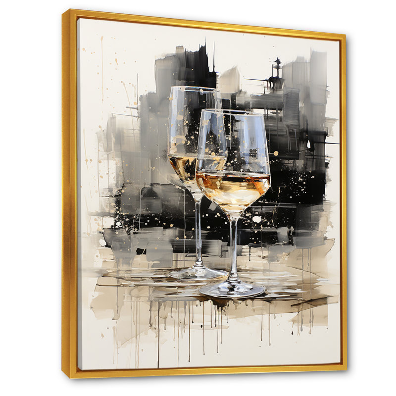 Verre noir et blanc Essence II - Champagne, art mural, Cadre flottant doré, H 40 po x l 30 po x P 1,5 po