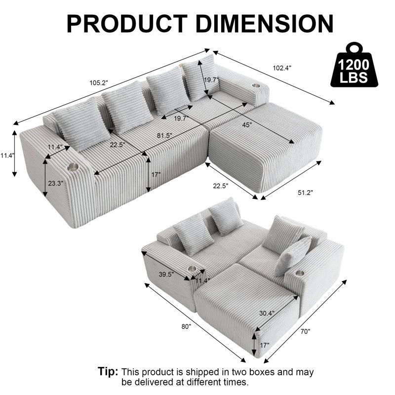 Canapé modulaire en nuage 105 po avec méridienne en forme de L (pas d'assemblage requis) Canapé confortable en chenille à assise profonde pour salon