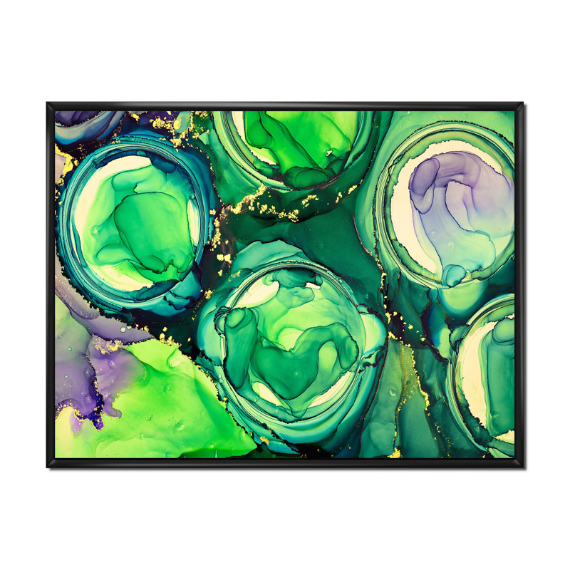 «Green Luxury Abstract Fluid VI», peinture sur toile, H 34 po x l 44 po, Cadre flottant noir