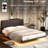Floating Bed Frame With Remote - Controlled Led Lights, Full Size Modern Pu Leather Platform Bed, Coffee Color, Structure, Simple Setup And Under Wood, Coffee, Installation-990874964-990874965