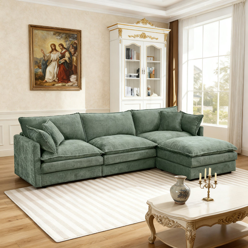 Canapé 3 places en tissu d'ameublement en chenille avec repose-pieds Cloud, Vert menthe