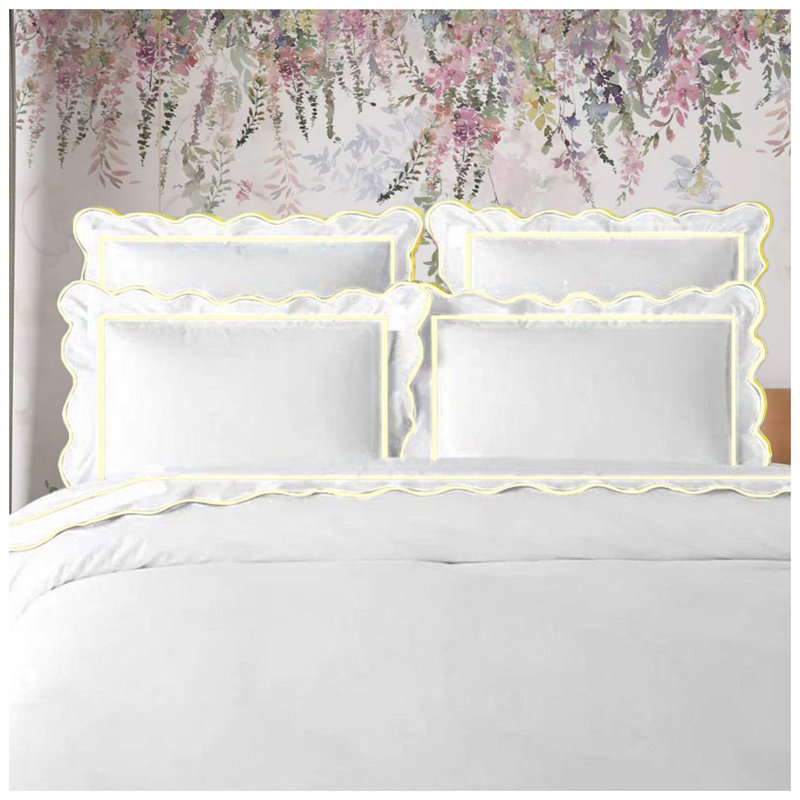 400TC Cotton Scallop Embroidery & Border Sateen Solid Duvet Cover Set, California King/King Duvet Cover, White/Ivory