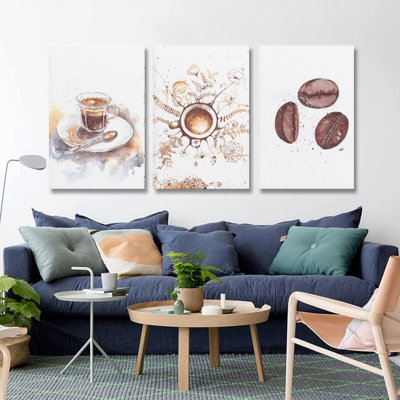3 Pcs Brown White Watercolor Coffee Canvas Wall Decor, 12x16 Inch