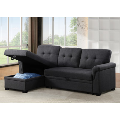 Chaise longue en forme de L, 3 sièges, conception modulaire, lin gris foncé, tissu doux et doux, rangement caché pour un salon contemporain bien rangé, détente pour plusieurs personnes