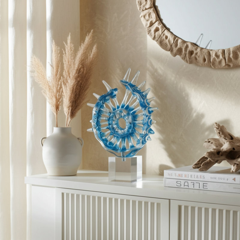 Bixler Blue Glass Abstract Spiral Sculpture On Crystal Base – Decorative Objects For Home Decor, Kitchen Decor, And Decorations For Living Room – Modern Statues, Figurine Accent, And Shelf Display – 15", Blue