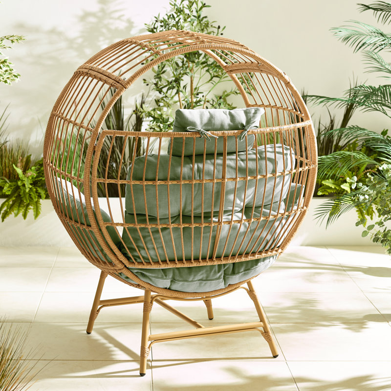 Becca Cosy Rattan Circular Cocoon Garden Egg Chair With Cushion - Contemporary Modern Design, Green
