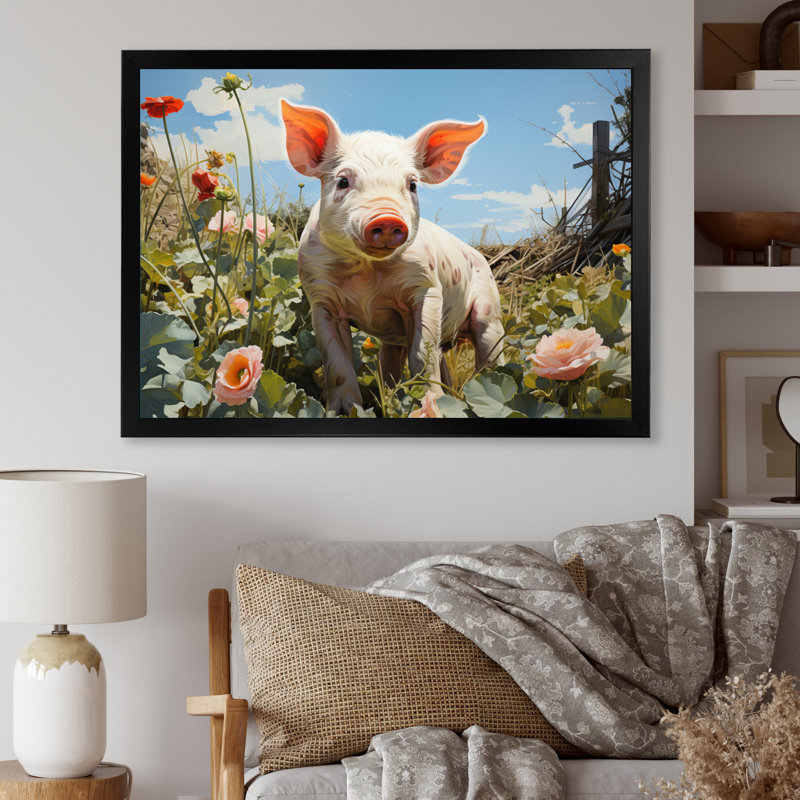 «Cute Pig jouant dans des fleurs I», reproduction d'art sur toile, H 30 po x l 40 po x P 1,5 po, Cadre simple noir