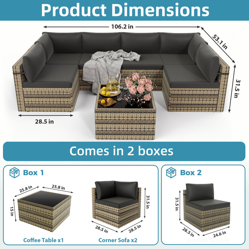Arwynn 6 - Person Patio Conversation Set with Cushions, Brown, Beige