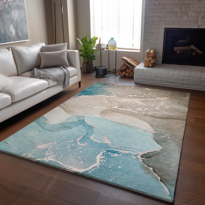 Premium Machine Washable Cerrito AMF517 Teal 8' x 8' Round Rug, Rectangle 5 pi x 7 pi 6 po