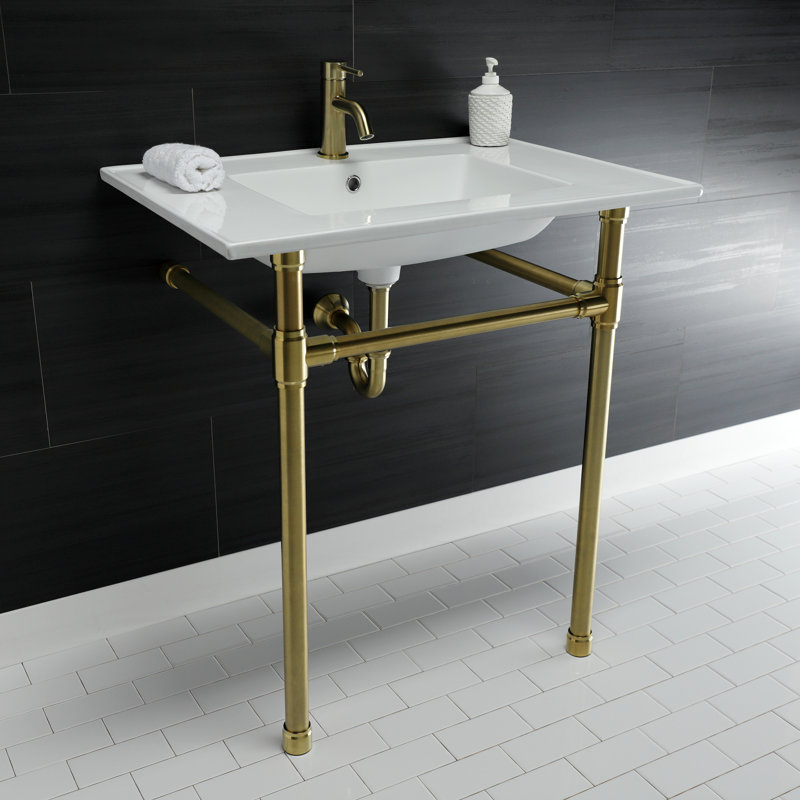 Lavabo de salle de bain console en céramique avec trop-plein, Laiton brossé, Simple