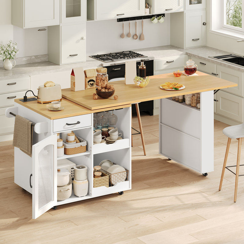 Îlot de cuisine l 74,8 po avec table pivotante à 360 ° extensible et station de charge, îlot de cuisine roulant avec tablettes de rangement latérales et support à verres à vin, roulettes verrouillables