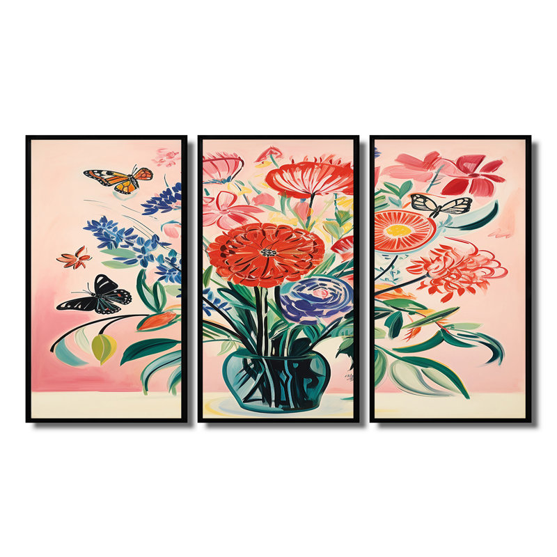 Ensemble de salon mural Orval - Bouquets assortis, H 28 po x l 36 po x P 1 po, Cadre flottant noir