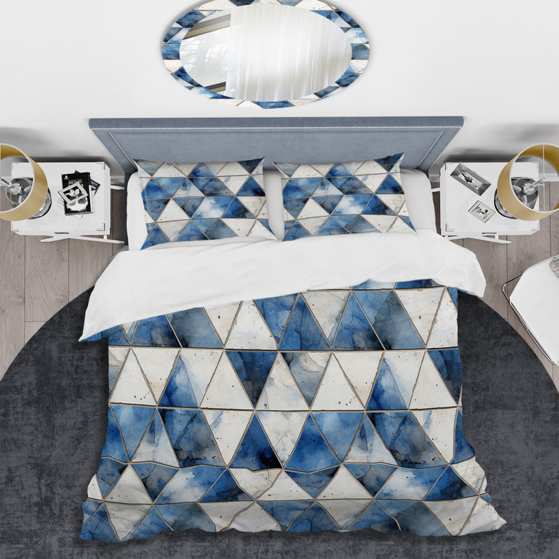 Rustic Cobalt Triangle Symphony I Geometric Shapes Duvet Cover, King Duvet Cover + 2 King Shams