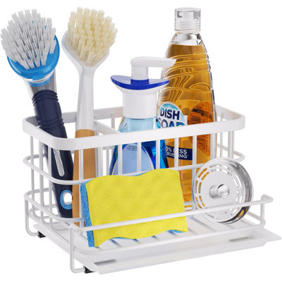 Hapirm Stainless Steel Kitchen Sink Organizer With Pull-Out Drain Tray, 3-Compartment Sponge Holder For Brushes, Soap Bottles And Cleaning Supplies, Rustproof Countertop Storage Caddy