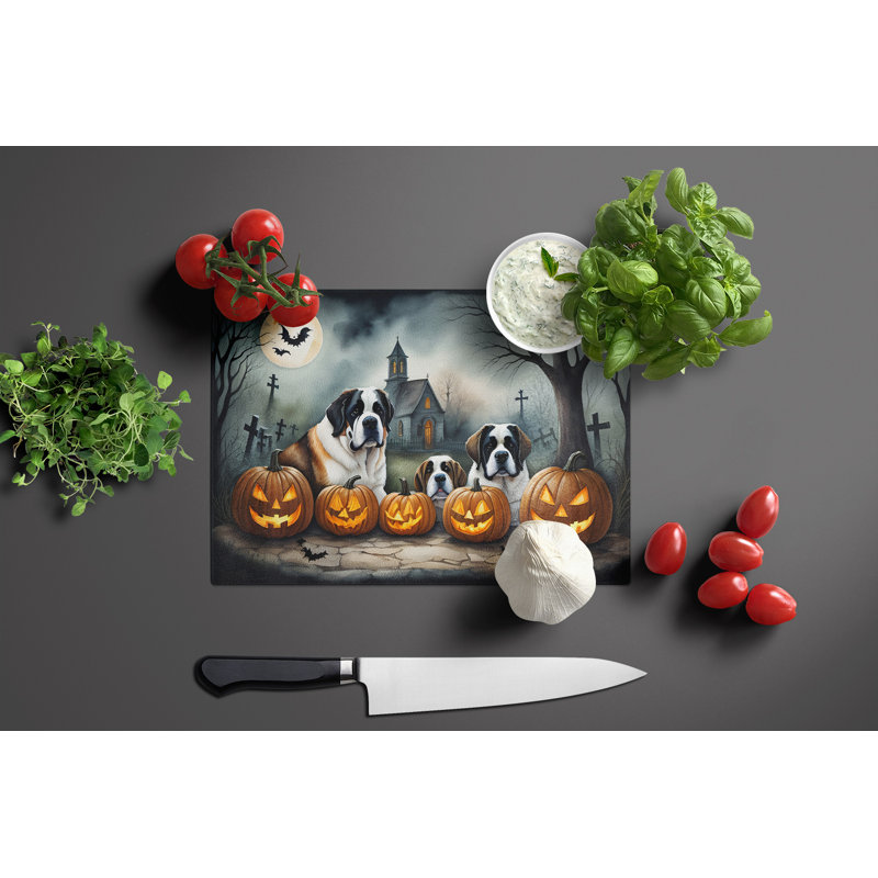 Saint Bernard Spooky Halloween Glass Cutting Board Large