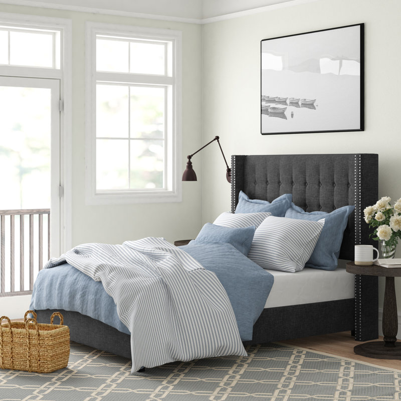 Achenbach Upholstered Wingback Bed, Full, Heathered Dark Gray Linen
