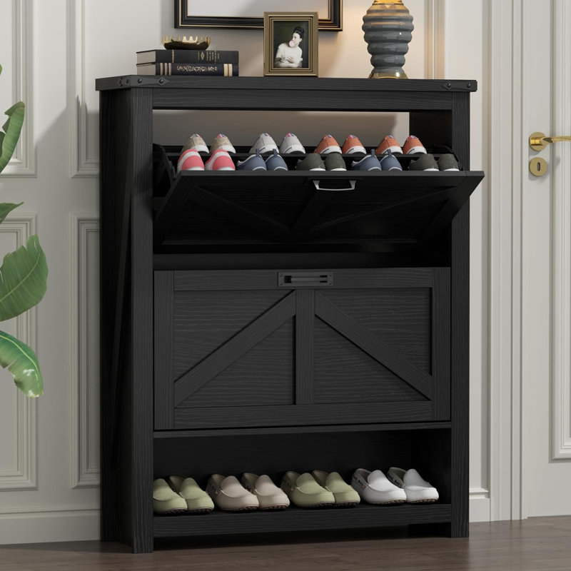 Range-chaussures Farmhouse, range-chaussures autoportant avec 2 tiroirs rabattables, Noir