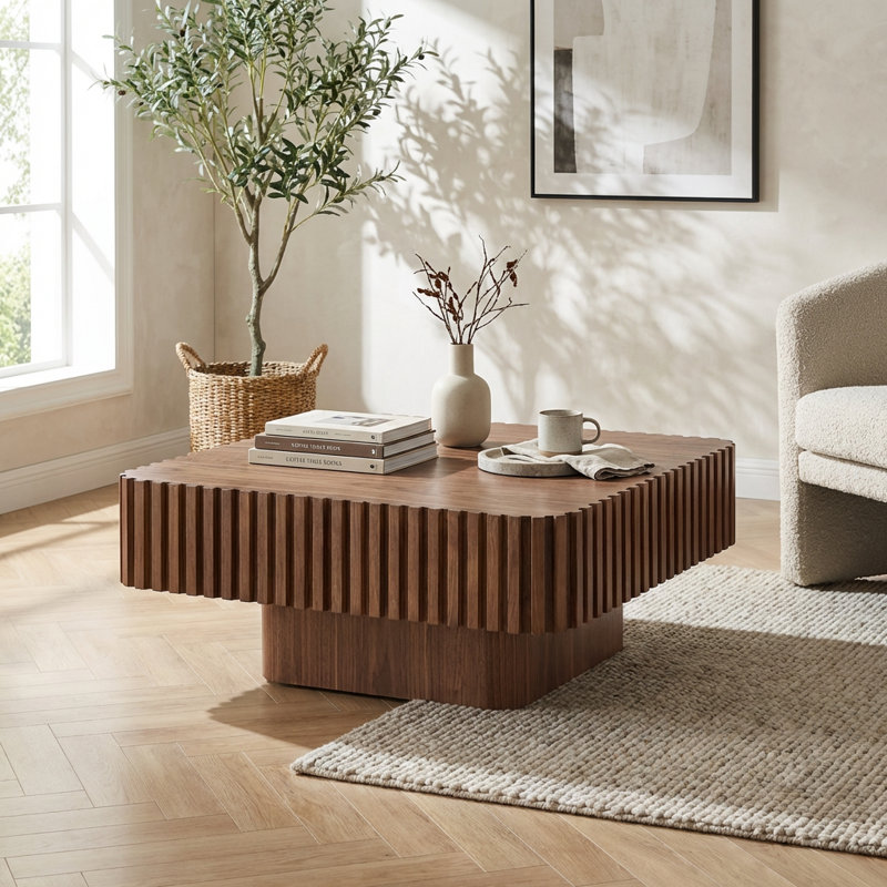 Table basse carrÃ©e moderne de fabrication artisanale avec un socle robuste