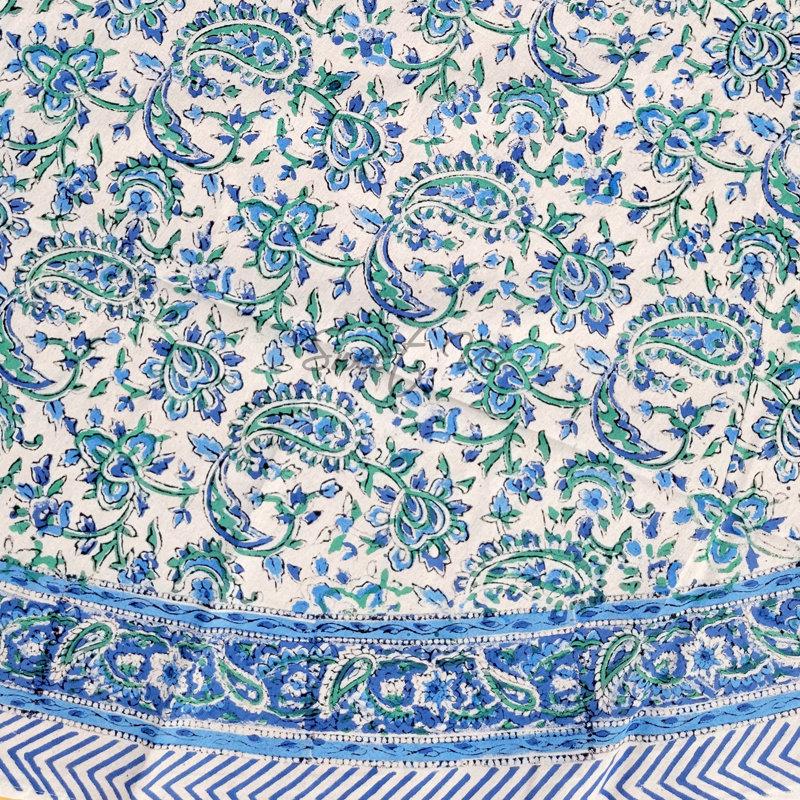 Block Print Floral Cotton Round Tablecloth, Blue