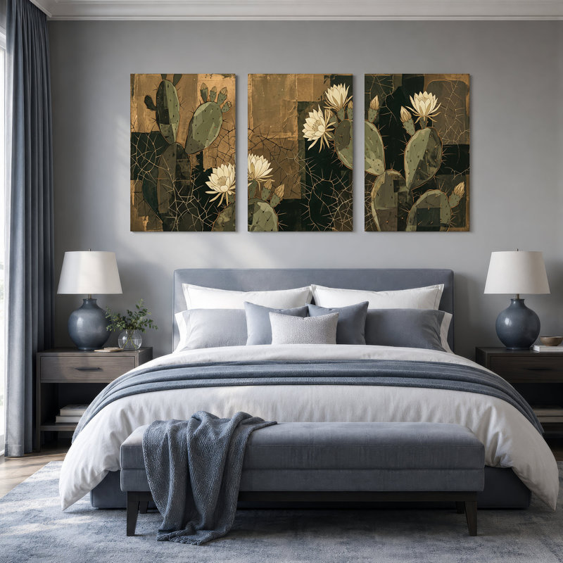 Ensemble de 3 toiles de cactus prickly avec fleurs blanches, 36"H x 24"W x 3pcs