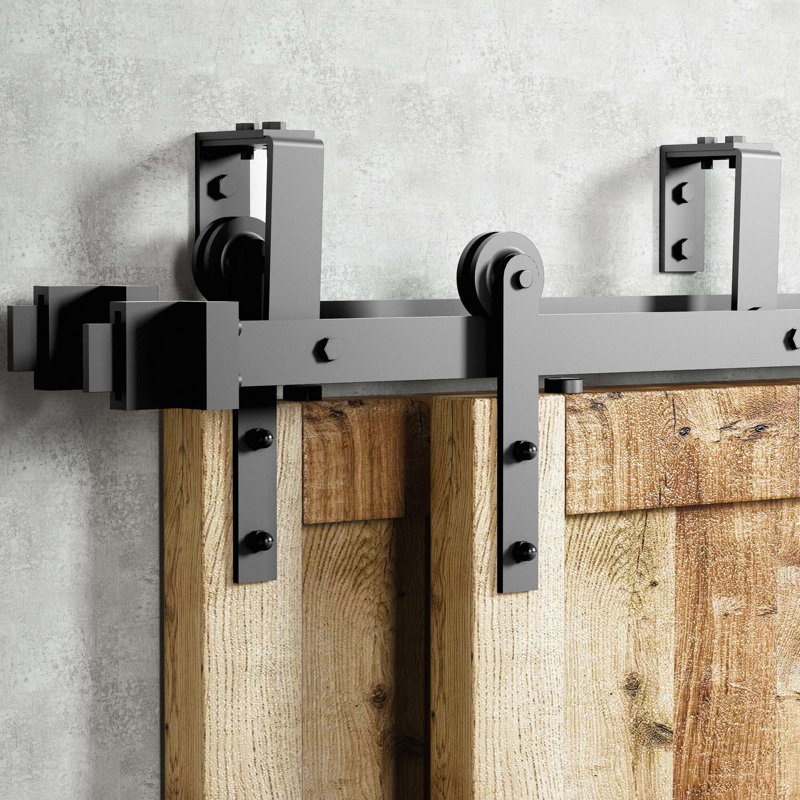 Ensemble de quincaillerie de porte de grange à deux voies à double rail droit noir rustique (portes non incluses), 66 po