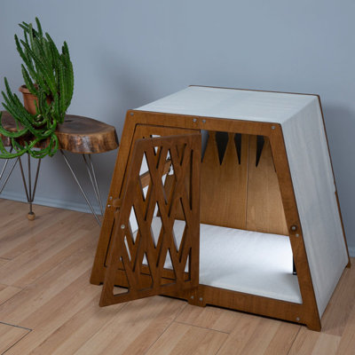 Cage pour chien en bois de bouleau avec lit en mousse à mémoire de forme - Niche de style d'intérieur pour grands chiens