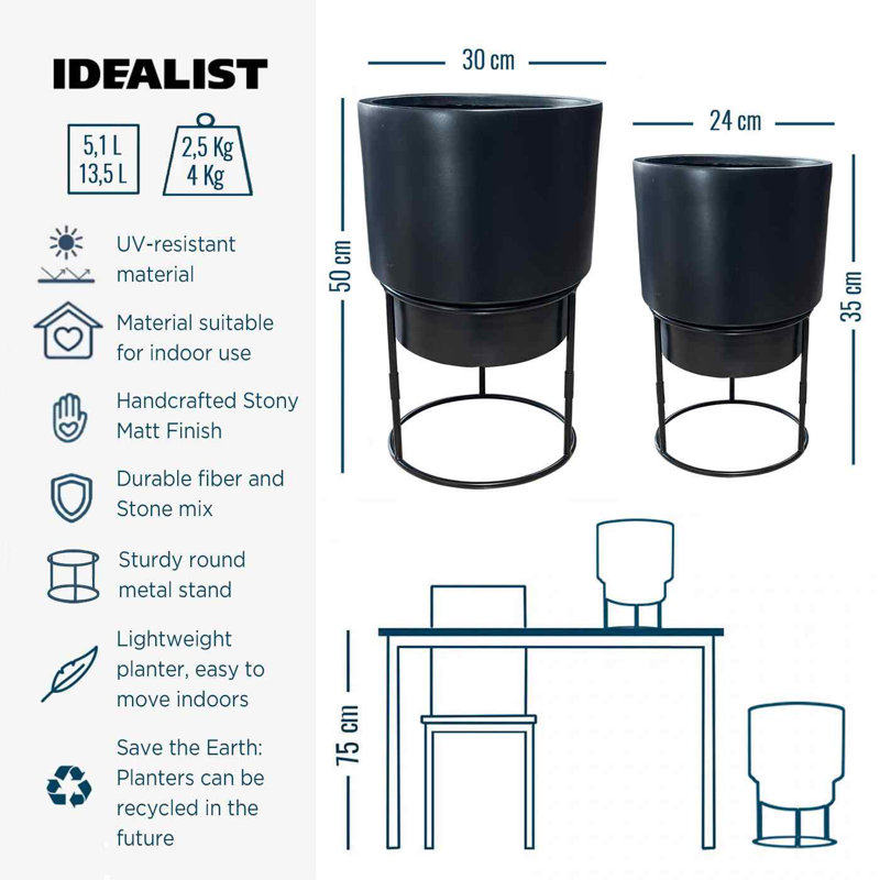 Set of 2 Concrete Effect Round Flower Pots on Metal Stands, Round Indoor Plant Pot Stands for Indoor Plants: D24 H35 cm, with Inner Top D20 cm + D30 H50 cm, with Inner Top D26 cm