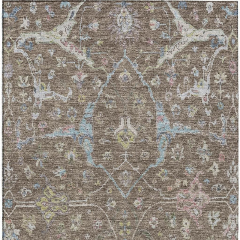 Tapis intérieur/extérieur lavable à motifs floraux brun, bleu et ivoire, 90 x 150 cm