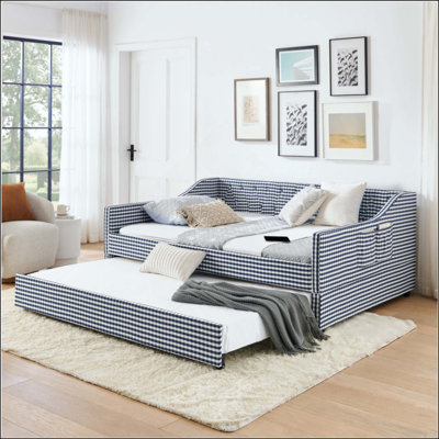 Lit de jour, lit de jour convertible rembourré avec dossier capitonné, canapé-lit polyvalent 3 en 1 avec lit gigogne escamotable et rangement latéral, parfait pour une vie compacte