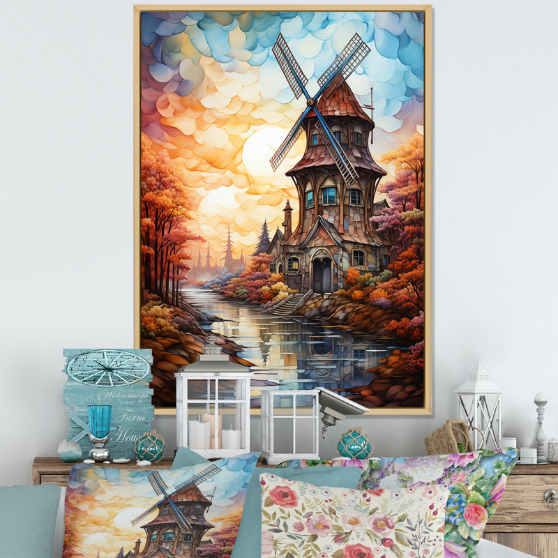 «Windmill Sunset Coastal Breeze II - Wind Turbines», art mural, Cadre flottant brun, H 20 po x l 12 po x P 1 po