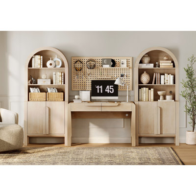 Home Office Set, 47" Modern Executive Desk With Charging Station And Drawers & 2 Piece 71"H Tall 5-Tier Arched Bookcases With Storage Cabinet For Living Room, Bedroom, Home Office